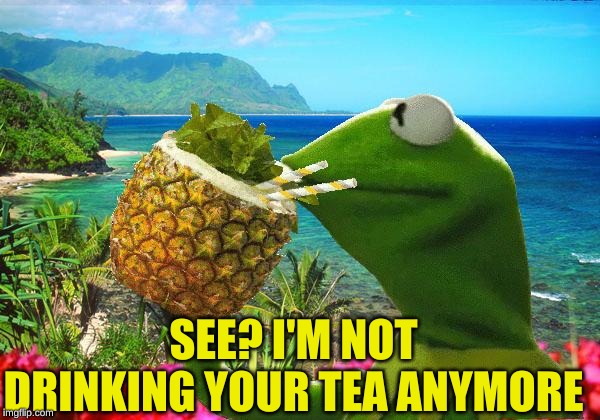 vacation kermit | SEE? I'M NOT DRINKING YOUR TEA ANYMORE | image tagged in vacation kermit | made w/ Imgflip meme maker