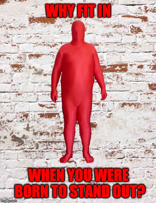 WHY FIT IN; WHEN YOU WERE
 BORN TO STAND OUT? | image tagged in morphsuit,fit in | made w/ Imgflip meme maker