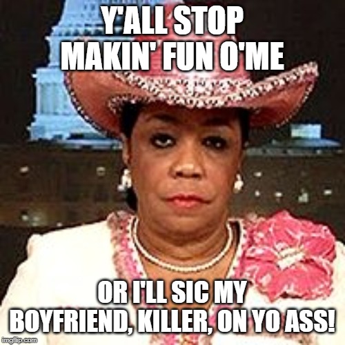 Frederica Wilson is Geraldine! |  Y'ALL STOP MAKIN' FUN O'ME; OR I'LL SIC MY BOYFRIEND, KILLER, ON YO ASS! | image tagged in frederica wilson,flip wilson,geraldine jones,memes | made w/ Imgflip meme maker