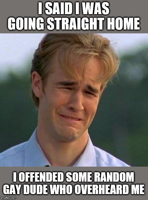 1990s First World Problems Meme | I SAID I WAS GOING STRAIGHT HOME; I OFFENDED SOME RANDOM GAY DUDE WHO OVERHEARD ME | image tagged in memes,1990s first world problems | made w/ Imgflip meme maker