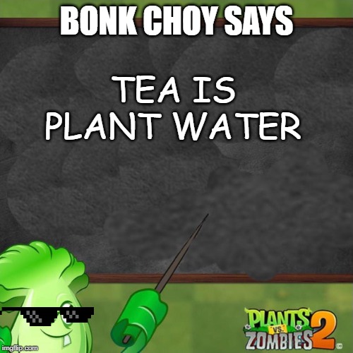 Bonk Choy says | BONK CHOY SAYS; TEA IS PLANT WATER | image tagged in bonk choy says | made w/ Imgflip meme maker