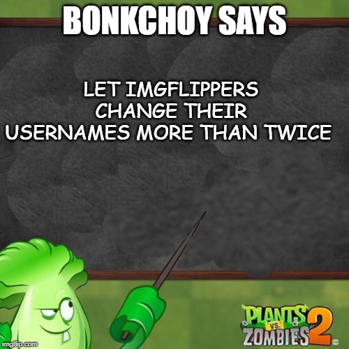 Bonk Choy says | BONKCHOY SAYS; LET IMGFLIPPERS CHANGE THEIR USERNAMES MORE THAN TWICE | image tagged in bonk choy says | made w/ Imgflip meme maker