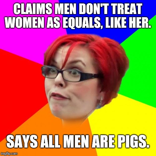 I guess she is one too. | CLAIMS MEN DON'T TREAT WOMEN AS EQUALS, LIKE HER. SAYS ALL MEN ARE PIGS. | image tagged in angry feminist,lol,funny memes,2019,feminazi,stupid | made w/ Imgflip meme maker