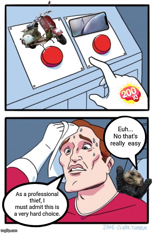 Two Buttons | Euh... No that's really  easy; As a professional thief, I must admit this is a very hard choice. | image tagged in memes,two buttons | made w/ Imgflip meme maker