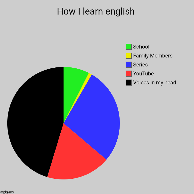 How I learn english | Voices in my head , YouTube, Series, Family Members, School | image tagged in charts,pie charts | made w/ Imgflip chart maker