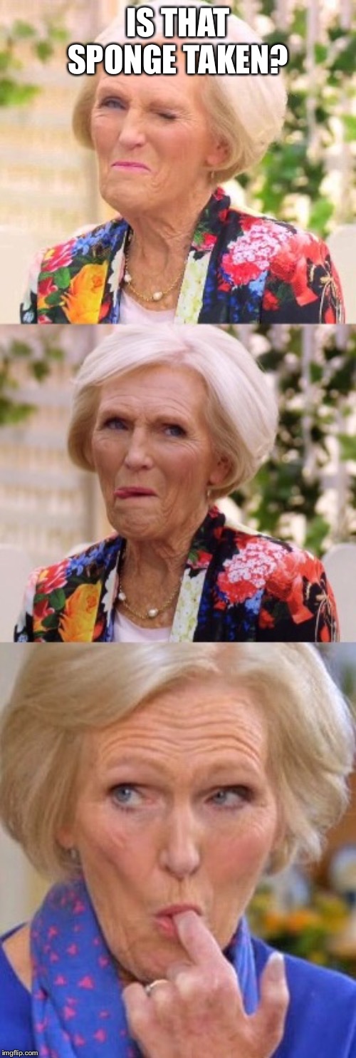 Mary Berry Be Good | IS THAT SPONGE TAKEN? | image tagged in mary berry be good | made w/ Imgflip meme maker