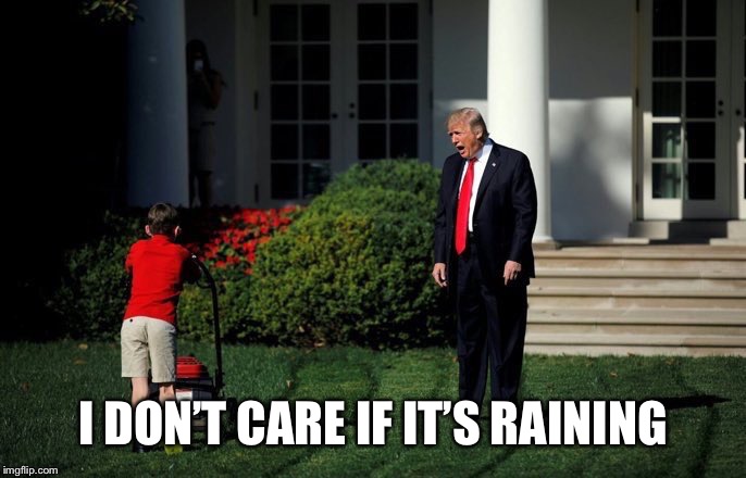 Trump Lawn Mower | I DON’T CARE IF IT’S RAINING | image tagged in trump lawn mower | made w/ Imgflip meme maker