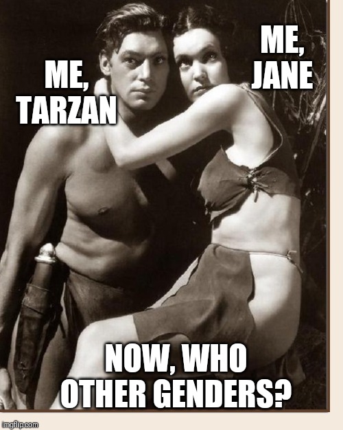 Oh, You Must Mean Cheeta and Boy?! | ME, JANE; ME, TARZAN; NOW, WHO OTHER GENDERS? | image tagged in tarzan and jane,vince vance,cheeta,edgar rice burroughs,gender identity,gender confusion | made w/ Imgflip meme maker
