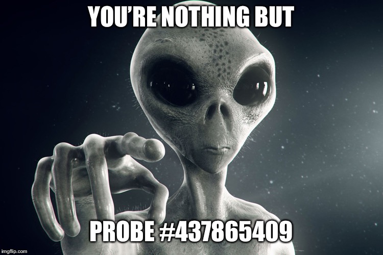 Alien Pointing | YOU’RE NOTHING BUT; PROBE #437865409 | image tagged in alien pointing | made w/ Imgflip meme maker