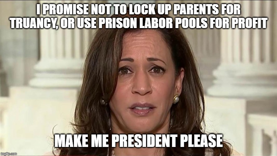 kamala harris | I PROMISE NOT TO LOCK UP PARENTS FOR TRUANCY, OR USE PRISON LABOR POOLS FOR PROFIT; MAKE ME PRESIDENT PLEASE | image tagged in kamala harris | made w/ Imgflip meme maker