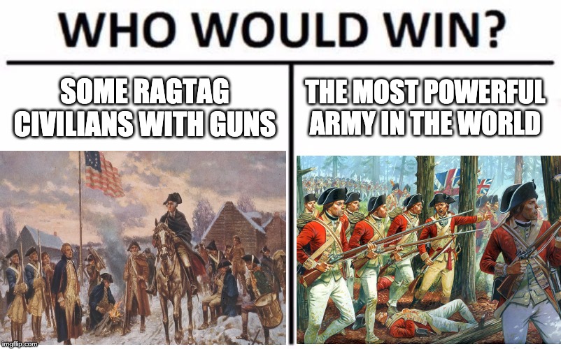 SOME RAGTAG CIVILIANS WITH GUNS; THE MOST POWERFUL ARMY IN THE WORLD | image tagged in who would win | made w/ Imgflip meme maker
