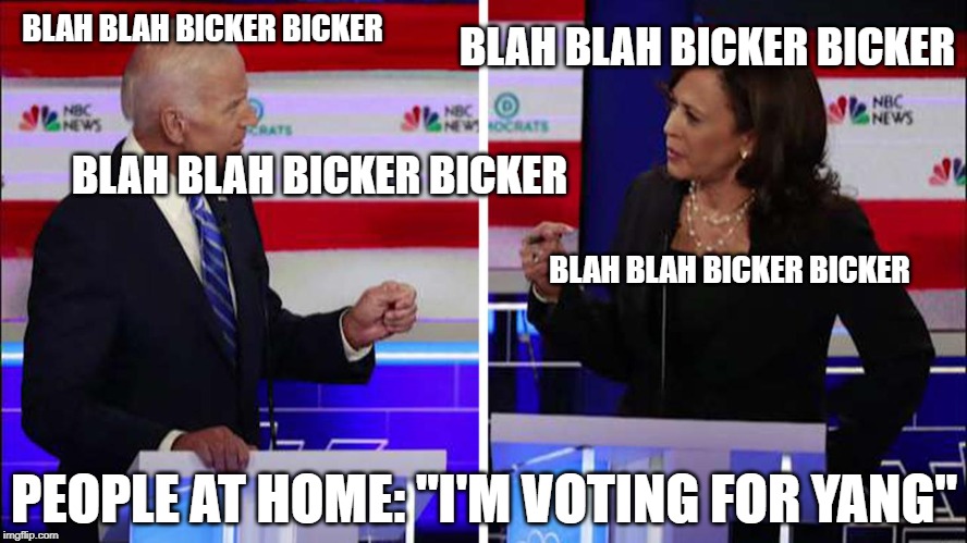 Democratic Debate | BLAH BLAH BICKER BICKER; BLAH BLAH BICKER BICKER; BLAH BLAH BICKER BICKER; BLAH BLAH BICKER BICKER; PEOPLE AT HOME: "I'M VOTING FOR YANG" | image tagged in joe biden,kamala harris,andrew yang | made w/ Imgflip meme maker