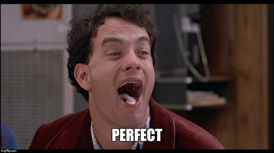 TOM HANKS LAUGHING | PERFECT | image tagged in tom hanks laughing | made w/ Imgflip meme maker