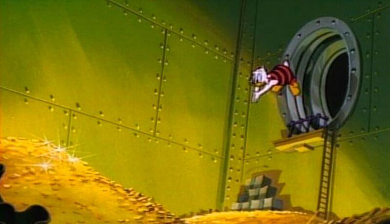 Scrooge McDuck dives into gold coins Blank Meme Template