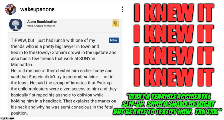 Yep, they tried to silence epstein from singing - Arkancide again | I KNEW IT; I KNEW IT; I KNEW IT; I KNEW IT; "WHAT A TERRIBLE ACCIDENTAL SLIP-UP.  SUCH A SHAME HE MIGHT NOT BE ABLE TO TESTIFY NOW.  TSK TSK." | image tagged in jeff epstein,pedophile,prison,suicide,witness | made w/ Imgflip meme maker