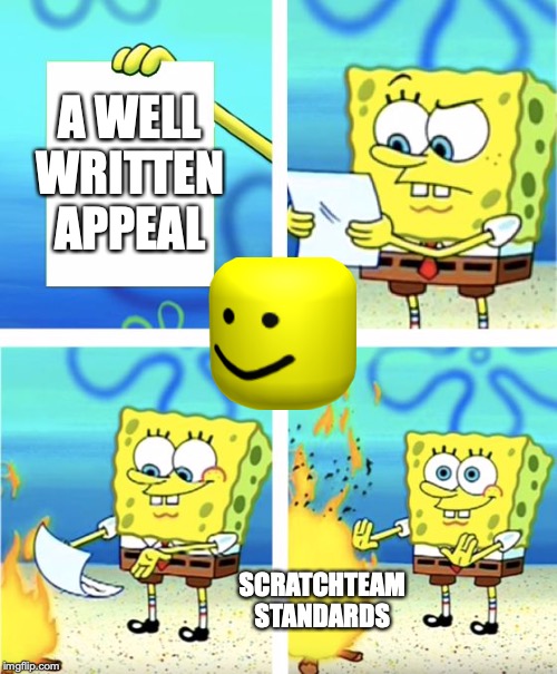 Spongebob Burning Paper | A WELL WRITTEN APPEAL; SCRATCHTEAM STANDARDS | image tagged in spongebob burning paper | made w/ Imgflip meme maker