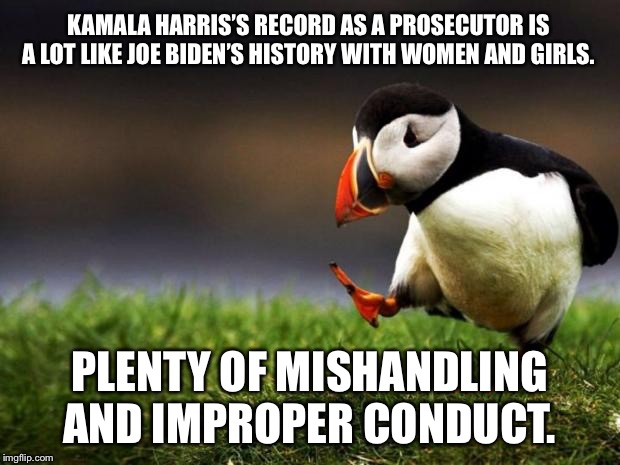 Just waiting for one of the other Democratic candidates to say this | KAMALA HARRIS’S RECORD AS A PROSECUTOR IS A LOT LIKE JOE BIDEN’S HISTORY WITH WOMEN AND GIRLS. PLENTY OF MISHANDLING AND IMPROPER CONDUCT. | image tagged in memes,unpopular opinion puffin,kamala harris,sexual assault,lawyer,joe biden | made w/ Imgflip meme maker
