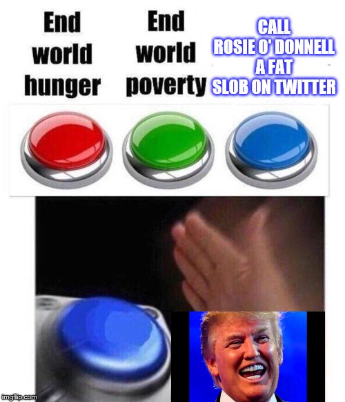 Blue button meme | CALL ROSIE O' DONNELL A FAT SLOB ON TWITTER | image tagged in blue button meme | made w/ Imgflip meme maker