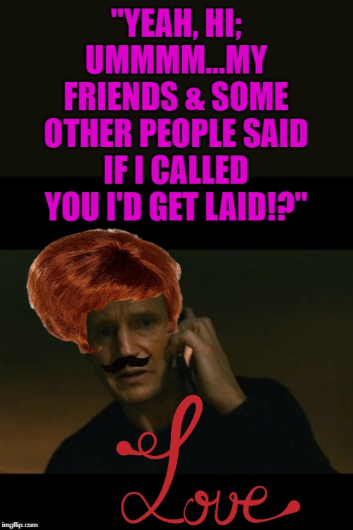 Liam Neeson Taken Meme | "YEAH, HI; UMMMM...MY FRIENDS & SOME OTHER PEOPLE SAID IF I CALLED YOU I'D GET LAID!?" | image tagged in memes,liam neeson taken | made w/ Imgflip meme maker