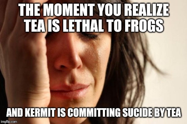 First World Problems Meme | THE MOMENT YOU REALIZE TEA IS LETHAL TO FROGS; AND KERMIT IS COMMITTING SUCIDE BY TEA | image tagged in memes,first world problems | made w/ Imgflip meme maker