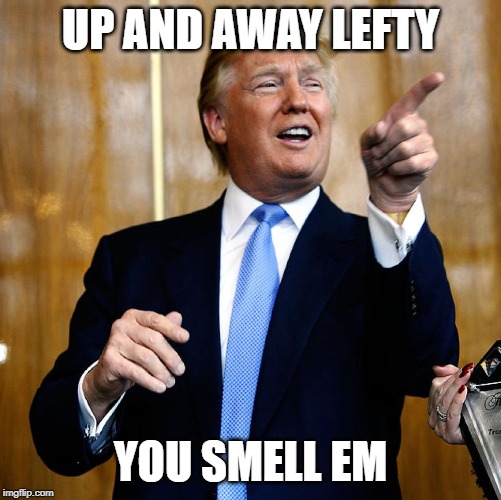 Donal Trump Birthday | UP AND AWAY LEFTY YOU SMELL EM | image tagged in donal trump birthday | made w/ Imgflip meme maker
