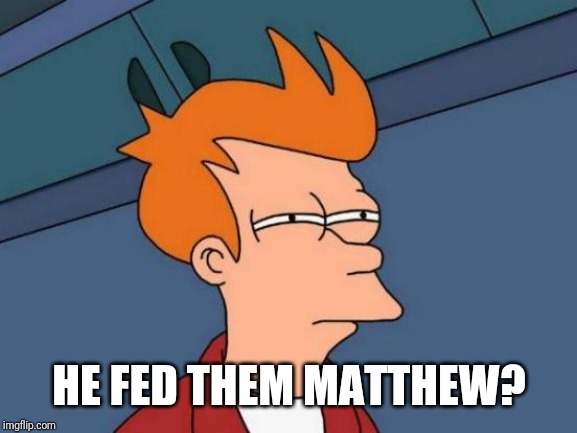 Futurama Fry Meme | HE FED THEM MATTHEW? | image tagged in memes,futurama fry | made w/ Imgflip meme maker