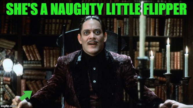 gomez addams amazed | SHE'S A NAUGHTY LITTLE FLIPPER | image tagged in gomez addams amazed | made w/ Imgflip meme maker
