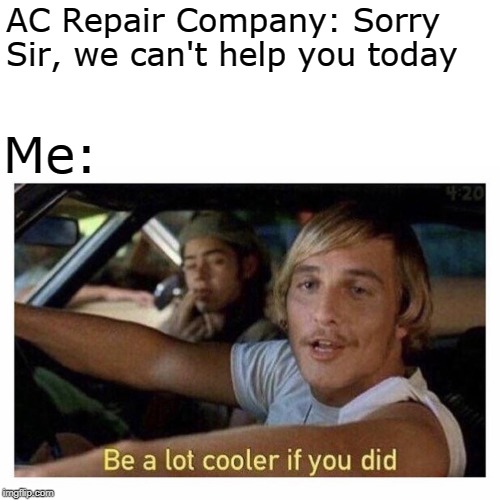 Be a lot cooler if you did | AC Repair Company: Sorry Sir, we can't help you today; Me: | image tagged in be a lot cooler if you did | made w/ Imgflip meme maker