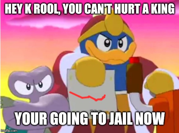 King dedede | HEY K ROOL, YOU CAN'T HURT A KING YOUR GOING TO JAIL NOW | image tagged in king dedede | made w/ Imgflip meme maker