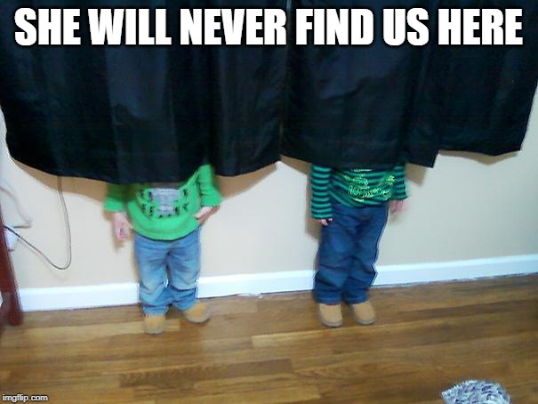 hide and seek | SHE WILL NEVER FIND US HERE | image tagged in hide and seek | made w/ Imgflip meme maker