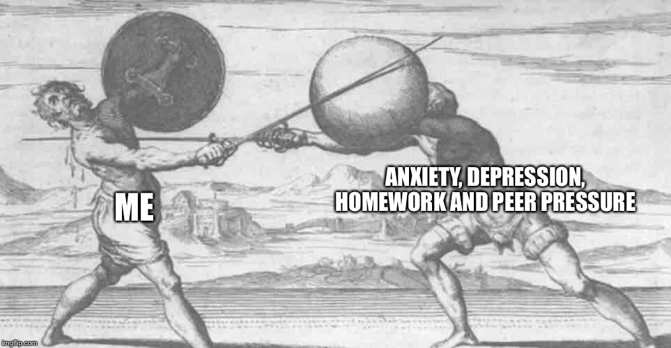 Weird face medieval dude | ME; ANXIETY, DEPRESSION, HOMEWORK AND PEER PRESSURE | image tagged in weird face medieval dude | made w/ Imgflip meme maker