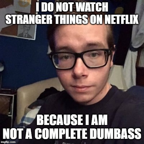 I DO NOT WATCH STRANGER THINGS ON NETFLIX; BECAUSE I AM NOT A COMPLETE DUMBASS | image tagged in nikolas lemini | made w/ Imgflip meme maker