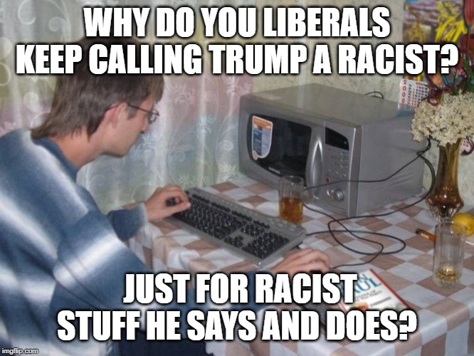 Microwave Libertarian | WHY DO YOU LIBERALS KEEP CALLING TRUMP A RACIST? JUST FOR RACIST STUFF HE SAYS AND DOES? | image tagged in microwave libertarian | made w/ Imgflip meme maker