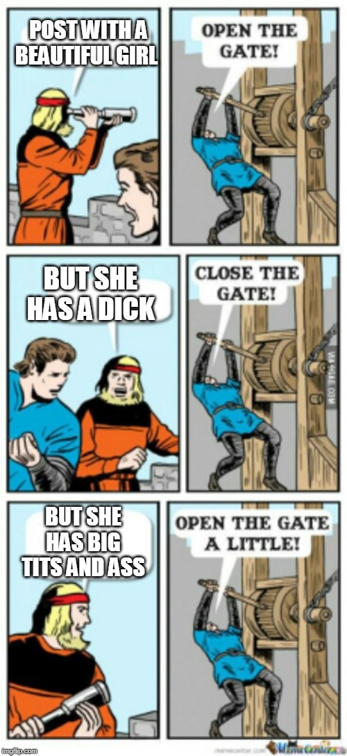 Open the gate a little | POST WITH A BEAUTIFUL GIRL; BUT SHE HAS A DICK; BUT SHE HAS BIG TITS AND ASS | image tagged in open the gate a little | made w/ Imgflip meme maker