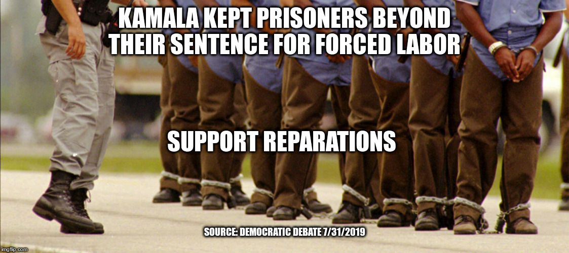 Back on the Chain Gang | KAMALA KEPT PRISONERS BEYOND THEIR SENTENCE FOR FORCED LABOR; SUPPORT REPARATIONS; SOURCE: DEMOCRATIC DEBATE 7/31/2019 | image tagged in back on the chain gang,libertarianmeme | made w/ Imgflip meme maker