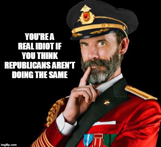 captain obvious | YOU'RE A REAL IDIOT IF YOU THINK REPUBLICANS AREN'T DOING THE SAME | image tagged in captain obvious | made w/ Imgflip meme maker