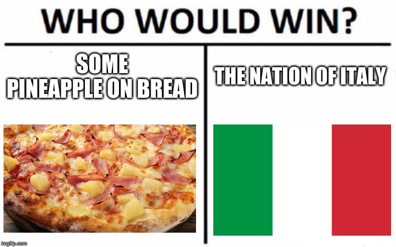Hopefully The Nation Of Italy | SOME PINEAPPLE ON BREAD; THE NATION OF ITALY | image tagged in memes,who would win | made w/ Imgflip meme maker