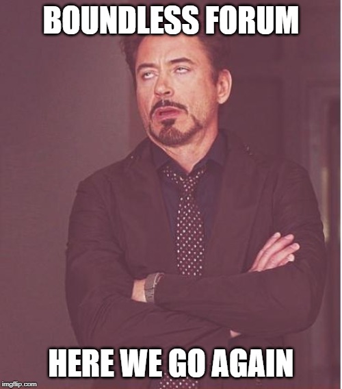 Face You Make Robert Downey Jr Meme | BOUNDLESS FORUM; HERE WE GO AGAIN | image tagged in memes,face you make robert downey jr | made w/ Imgflip meme maker