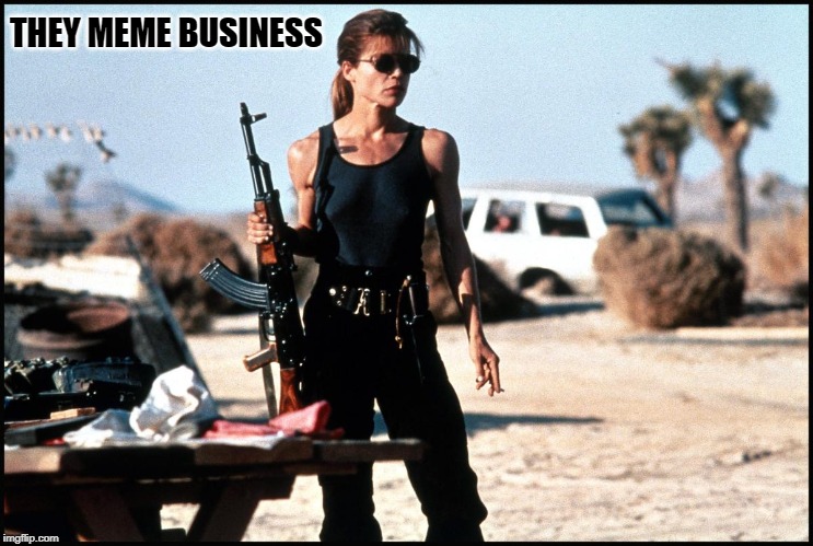 sarah connor | THEY MEME BUSINESS | image tagged in sarah connor | made w/ Imgflip meme maker