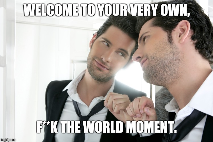 man mirror | WELCOME TO YOUR VERY OWN, F**K THE WORLD MOMENT. | image tagged in man mirror | made w/ Imgflip meme maker