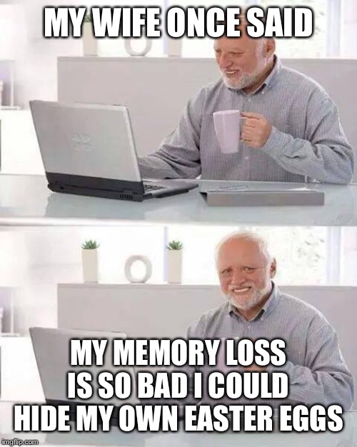 Based on a true story | MY WIFE ONCE SAID; MY MEMORY LOSS IS SO BAD I COULD HIDE MY OWN EASTER EGGS | image tagged in memes,hide the pain harold | made w/ Imgflip meme maker