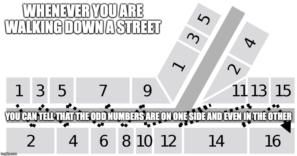 European House Numbering Scheme | WHENEVER YOU ARE WALKING DOWN A STREET; YOU CAN TELL THAT THE ODD NUMBERS ARE ON ONE SIDE AND EVEN IN THE OTHER | image tagged in house,number,address,memes | made w/ Imgflip meme maker