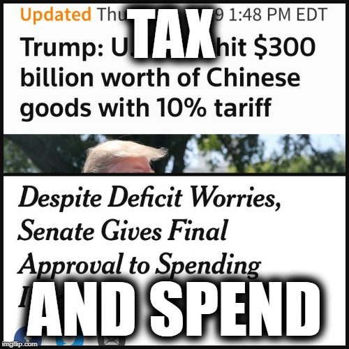 Tariffs are taxes and Trump is more successful at taxing and spending than most Democrats | TAX; AND SPEND | image tagged in donald trump,tariffs,spending,taxes | made w/ Imgflip meme maker