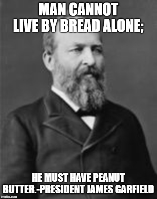 James Garfield-20th US President | MAN CANNOT LIVE BY BREAD ALONE;; HE MUST HAVE PEANUT BUTTER.-PRESIDENT JAMES GARFIELD | image tagged in james garfield-20th us president | made w/ Imgflip meme maker