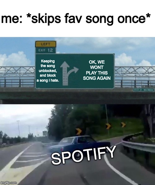 Left Exit 12 Off Ramp Meme | me: *skips fav song once*; Keeping the song unblocked, and block a song i hate. OK, WE WONT PLAY THIS SONG AGAIN; SPOTIFY | image tagged in memes,left exit 12 off ramp | made w/ Imgflip meme maker