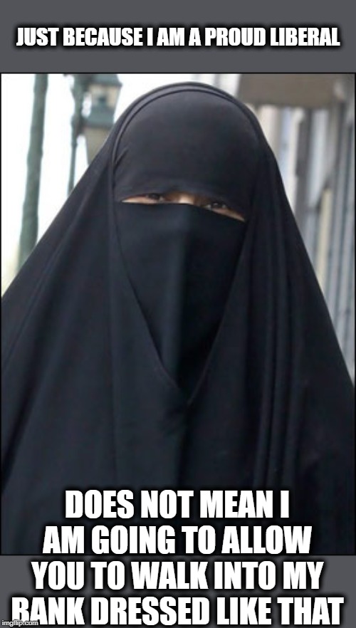 I think both sides can agree on this one | JUST BECAUSE I AM A PROUD LIBERAL; DOES NOT MEAN I AM GOING TO ALLOW YOU TO WALK INTO MY BANK DRESSED LIKE THAT | image tagged in burka wearing muslim women,memes,politics,religion | made w/ Imgflip meme maker