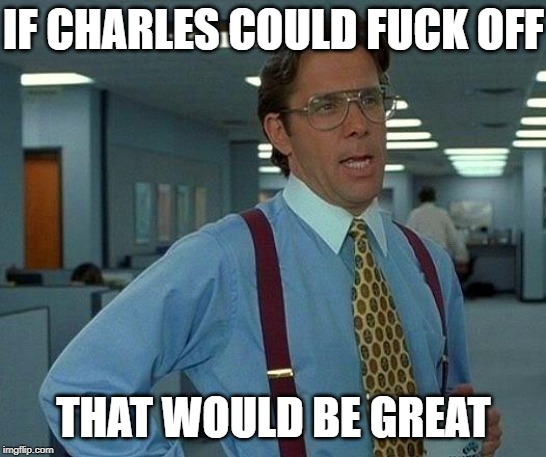 That Would Be Great Meme | IF CHARLES COULD F**K OFF THAT WOULD BE GREAT | image tagged in memes,that would be great | made w/ Imgflip meme maker