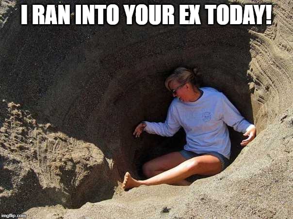 in a hole | I RAN INTO YOUR EX TODAY! | image tagged in in a hole | made w/ Imgflip meme maker