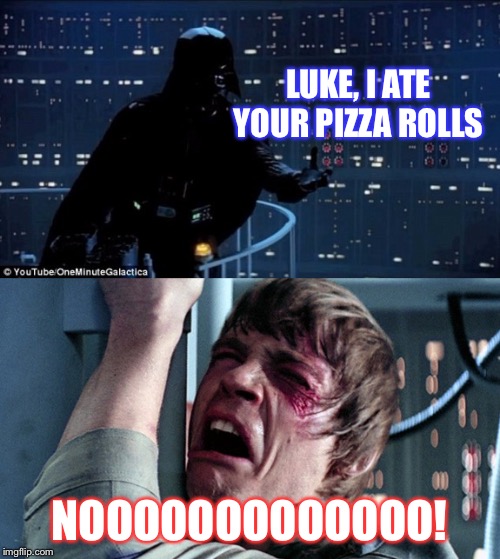 Dad, you’re such a bastard. | LUKE, I ATE YOUR PIZZA ROLLS; NOOOOOOOOOOOOO! | image tagged in darth vader luke skywalker | made w/ Imgflip meme maker