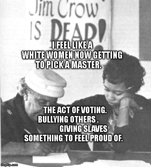 Blacks Not Voting | I FEEL LIKE A WHITE WOMEN NOW GETTING TO PICK A MASTER. THE ACT OF VOTING. BULLYING OTHERS .                     GIVING SLAVES SOMETHING TO FEEL PROUD OF. | image tagged in blacks not voting | made w/ Imgflip meme maker